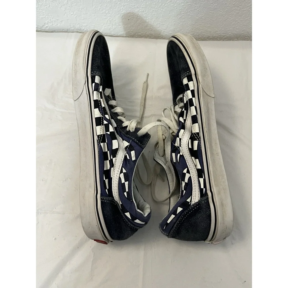 Vans Authentic‎ Lace Up White Blue Checkered Low Top Skate Shoes Mens 11.5 Suede